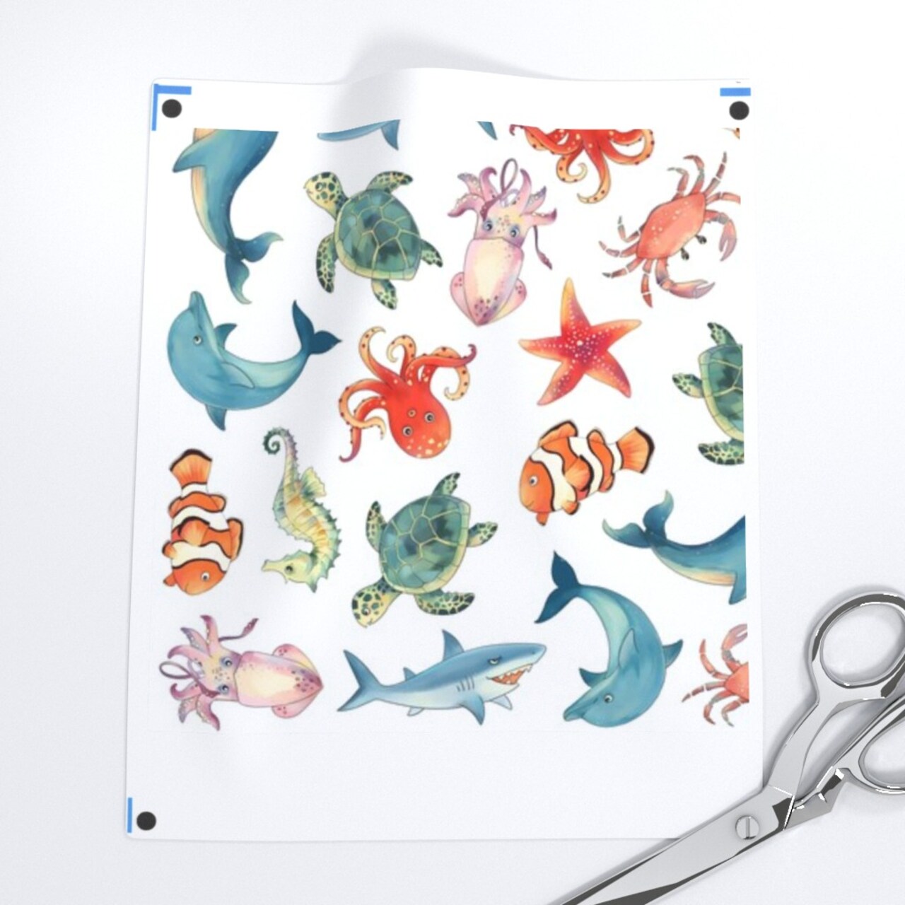 Sea Animal Animals Ocean Creatures Dolphin Whale Clown Fish Turtle Whales Octopus Watercolor Custom Printed Fabric by Spoonflower Various Fabrics by the Yard or Fat Quarter